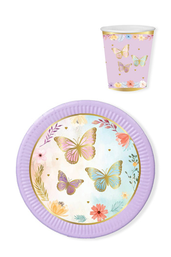 Le Mabelle Lilac Butterfly Themed Set of 8 Cups and Plates
