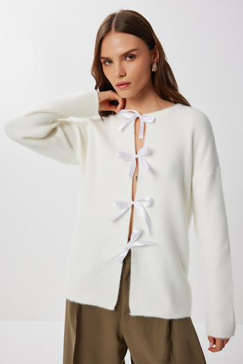 Lovelyİstanbul Wool Blend Bow Cardigan Li̇y0008 Bone