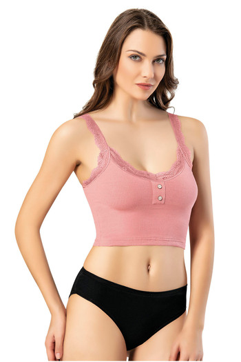 Selkar Global Women's Camisole with Padding Lace Detail 2 Buttons Dusty Rose Crop 6-Piece Set - Dusty Rose - Selkrkoo-6A43M4-Gul