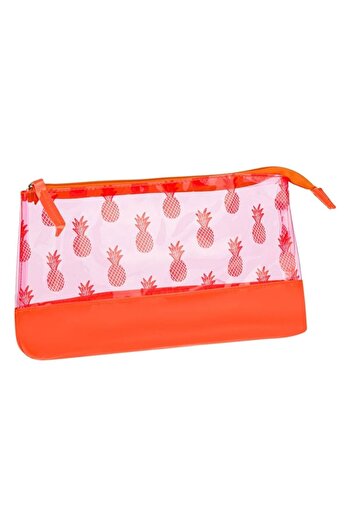 SHOPIENS Portfard de vara Shopiens®, transparent portocaliu neon cu model ananas si fermoar de plastic, 26 x