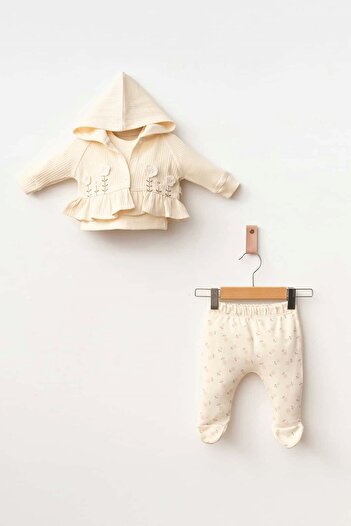Banamio Carmella Floral Embroidered Hooded Appliqued Knitwear Cardigan with Booties Cotton Three-Piece Set