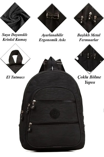 AVCA Crinkle Waterproof Fabric Unisex Black School Backpack Primary School - Ortakul - High School