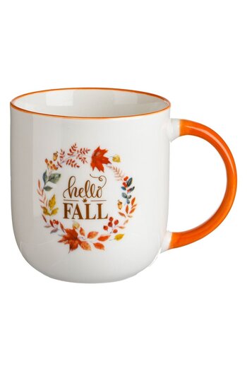 OEM Ecru Ceramic Mug with Orange Handle "Hello Fall" 510ml