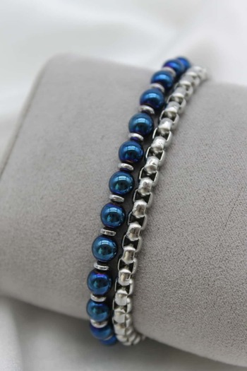 Nenya Men's Bracelet with Steel Lock Double Look Blue and Silver Hematite Stone Chain