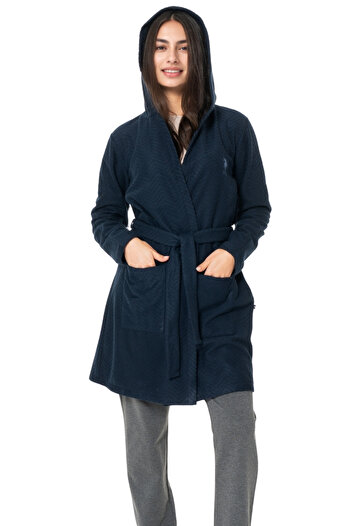 U.S. Polo Assn. Women's Hooded Robe with Pockets – Navy Blue, Soft Texture, Home Comfort