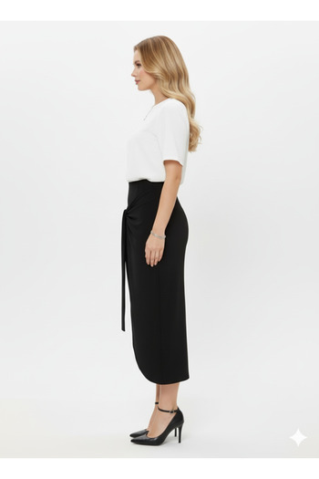 CNG MODA Sandy Black Tie-Up Pencil Skirt