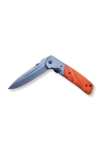cribeau Survival Knife, Folding Style Cribeau, Titanium Plated, Liner Lock, 58 HRC, Pocket Clip, Gray/Brown,