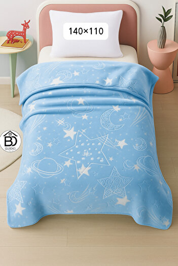 Blanket Blue Kids 140x110 cm – Ultra Soft Microfiber Bedding with Stars and Moon Embossed Pattern