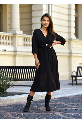 UniqueStore.ro Elegant black dress with wrap neckline and belt at the waist - One Size