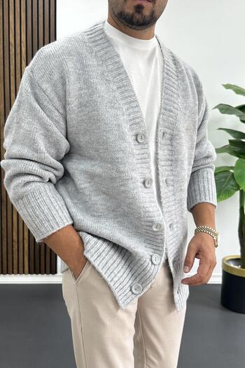Edwox Men's Buttoned Relaxed Fit Cardigan Gray Edw416