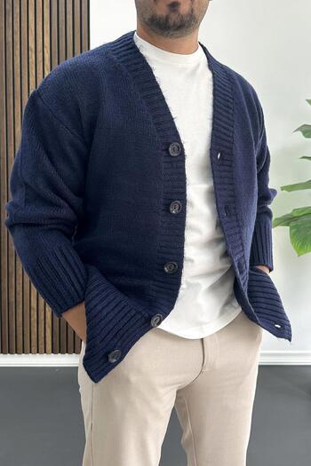 Edwox Men's Buttoned Relaxed Fit Cardigan Navy Blue Edw416