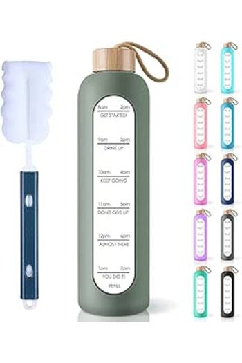 Generic PROBTTL 32 Oz Borosilicate Glass Water Bottle with Time Marker Reminder Quotes, 1 Liter Leak Proof R