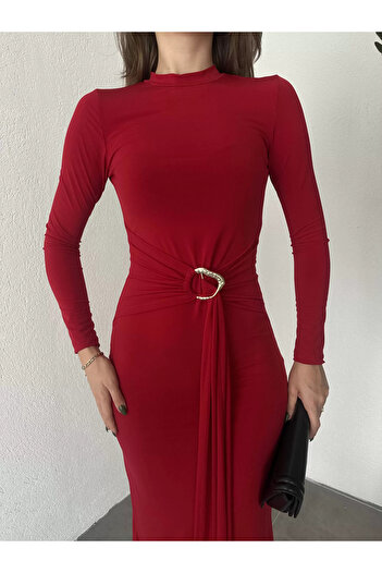 Asfa Moda Women's Red Zr Model Crew Neck Accessorized Belted Midi Length Candy Dress