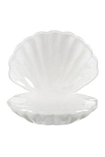 SHOPIENS - Jewelry Organizer Box in Open Shell Shape, Ceramic, White Iridescent