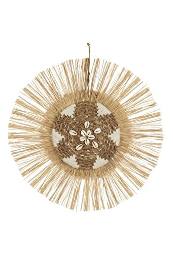 SHOPIENS Round Wall Decoration with Raffia Frame, White Rope Disc, and Seashell Design, 48 cm