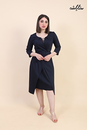 Stylish Navy blue midi dress with an innovative cut and a sophisticated feminine touch