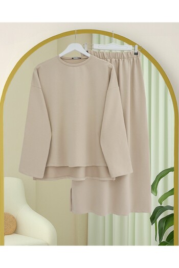 Modamorfo Two-Strand Combed Cotton Suit with Long Slit Skirt on the Back - Beige
