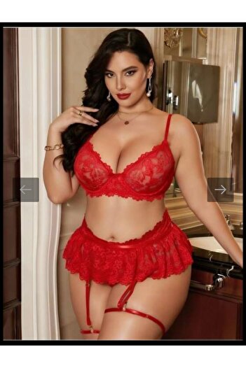 ELEANA Plus Size Red Lace Embroidered Garter Set with Skirt Women