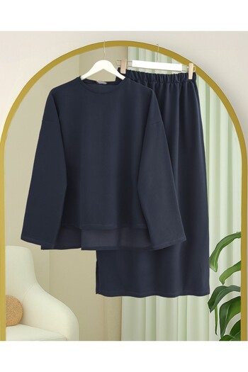 Modamorfo Two-Strap Combed Cotton Suit with Long Slit Skirt on the Back - Navy