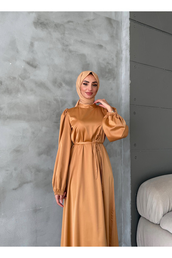 hacer ayaydın Balloon Sleeve Satin Hijab Oversize Piping Belted Hijab Dress