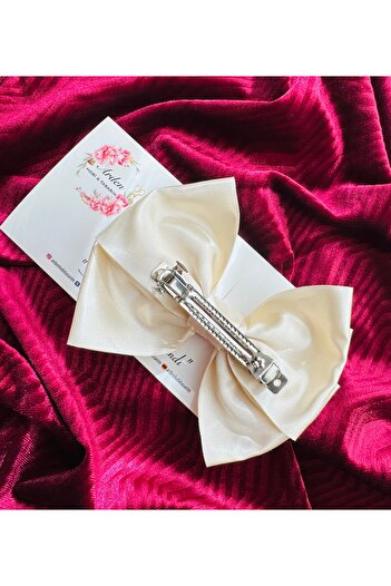 ARDEN HOBİ TASARIM Stone Cream Satin Bow Automatic Clip Hair Clip – Evening Dress Model