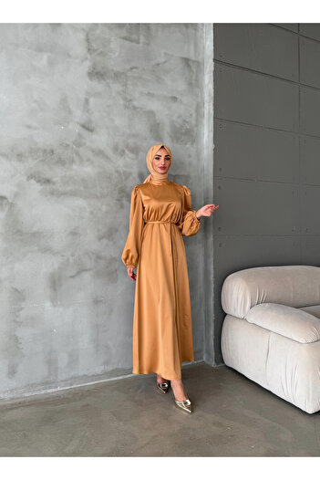 hacer ayaydın Balloon Sleeve Satin Hijab Oversize Piping Belted Hijab Dress
