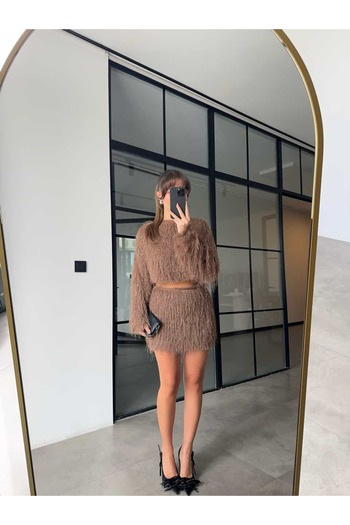Jungle KAHVERENGİ SAÇAKLI ETEK CROP BLUZ TAKIM