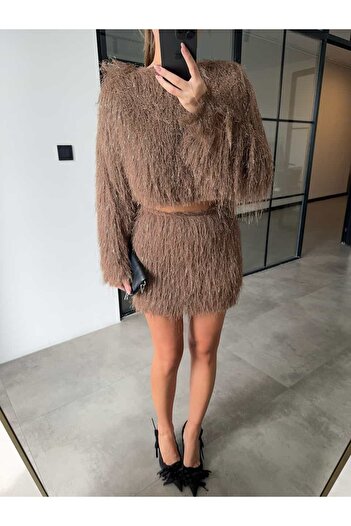 Jungle KAHVERENGİ SAÇAKLI ETEK CROP BLUZ TAKIM
