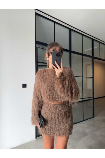 Jungle KAHVERENGİ SAÇAKLI ETEK CROP BLUZ TAKIM