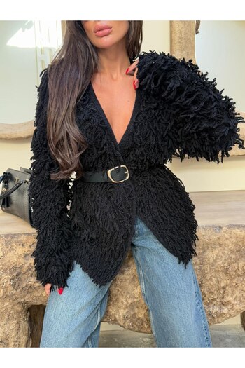 Julidress Black Tasseled Premium Knitwear Wool Cardigan