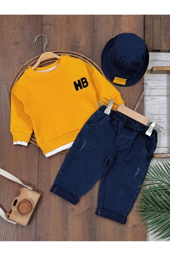 ADDA Letter Embroidered Sweatshirt Lycra Jeans Comfortable Cut Fabric Detail with Hat Baby Boy Set