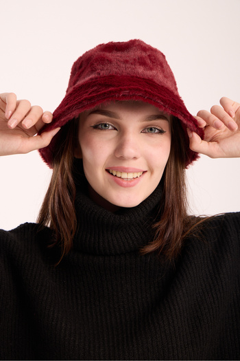 OX-RA Burgundy Women's Plush Bucket Model Fisherman Bucket Hat Winter Hat