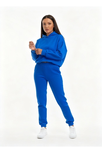 ClubSpaceAstro Women's 2 Thread Ribbed Hooded Top and Bottom Tracksuit Set – No Knee Blue
