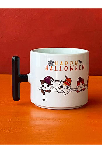 Hepsi Enteresan Happy Halloween Cat White t Mug, Halloween Mug, Cat Mug