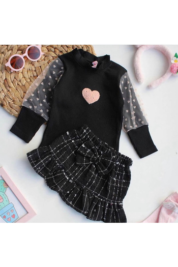 kokosh _ kidss burcu sapmaz Girls' Plaid Patterned Tulle Sleeved Skirt Blouse Set