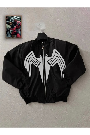 Butik Full Zippered Long Sleeve Printed Bomber Jacket - Black