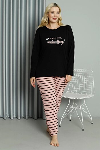 emosavm Fashion Women's Plus Size Combed Cotton Long Sleeve Pajama Set Black