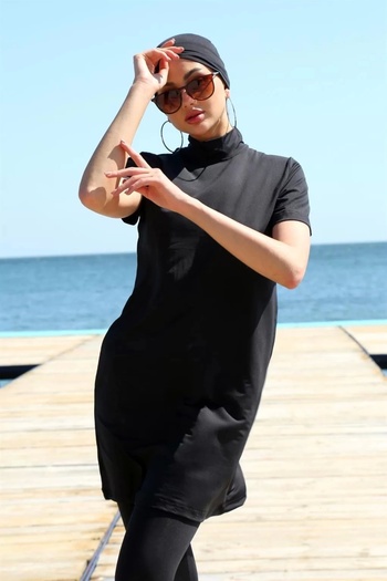 emosavm Fashion Short Sleeve Black Half Hijab Swimsuit