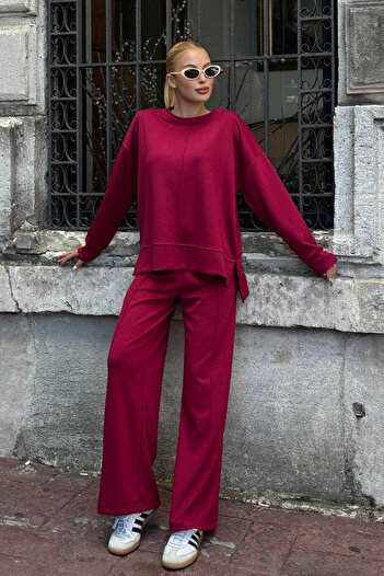 bacc Cherry Crew Neck Slit Detail Blouse and Relaxed Fit Pants Modal Bottom Top Set Bcvl-25V215