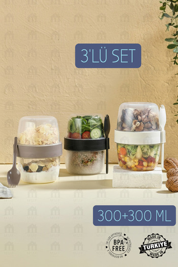MUF HOME Diet and Yogurt Container with Spoon and Fork Oatmeal Muesli Snack Diet Storage Container (300ml + 300ml)