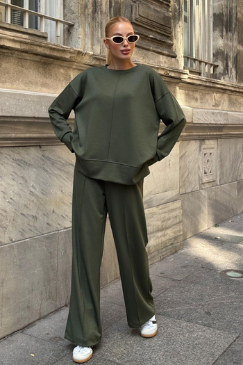 bacc Khaki Crew Neck Slit Detail Blouse and Relaxed Fit Pants Modal Bottom Top Set Bcvl-25V215