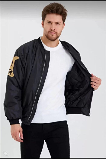 Butik Unisex Long Sleeve Printed Bomber Jacket - Black