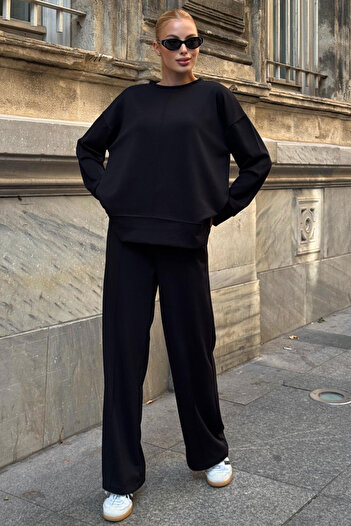 bacc Black Crew Neck Slit Detail Blouse and Relaxed Fit Pants Modal Bottom Top Set Bcvl-25V215