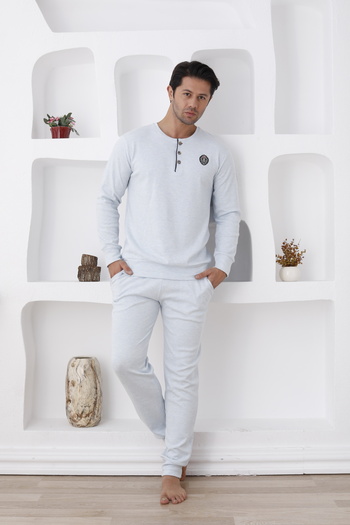 Lohussa Men's Gray Melange Long Sleeve Thick Winter Buttoned Pocketed Cuffed Paca 100% Cotton Pajama Set