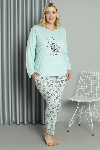 emosavm Fashion Women's Plus Size Combed Cotton Long Sleeve Pajama Set Water Green
