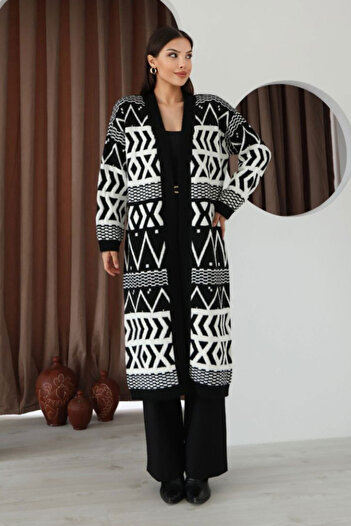 bacc Black Patterned Fringed Long Length Knitwear Cardigan Bces-253001