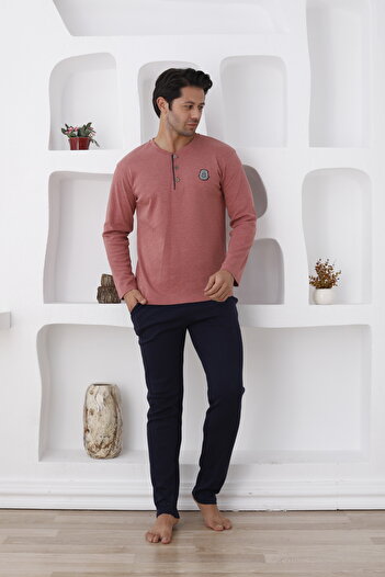 Lohussa Men's Long Sleeve Thick Winter Buttoned Pocketed Paca 100% Cotton Pajama Set