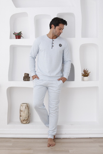 Lohussa Men's Gray Melange Long Sleeve Thick Winter Buttoned Pocketed Cuffed Paca 100% Cotton Pajama Set