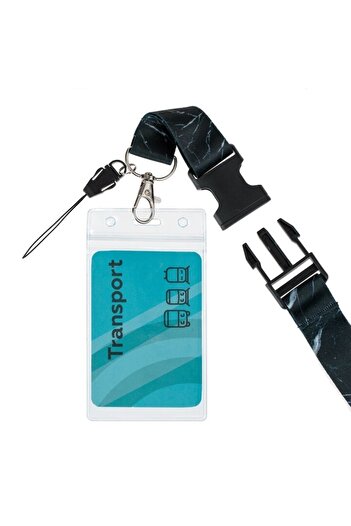 SHOPIENS Flexible Badge Holder 9x6 cm with Wide Black Marble Cord 55 cm and Detachable Clip