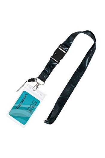 SHOPIENS Flexible Badge Holder 9x6 cm with Wide Black Marble Cord 55 cm and Detachable Clip